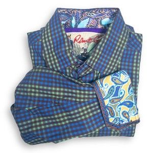 Robert Graham Men’s Flip Cuff Button Down Shirt Blue and Green Gingham Medium